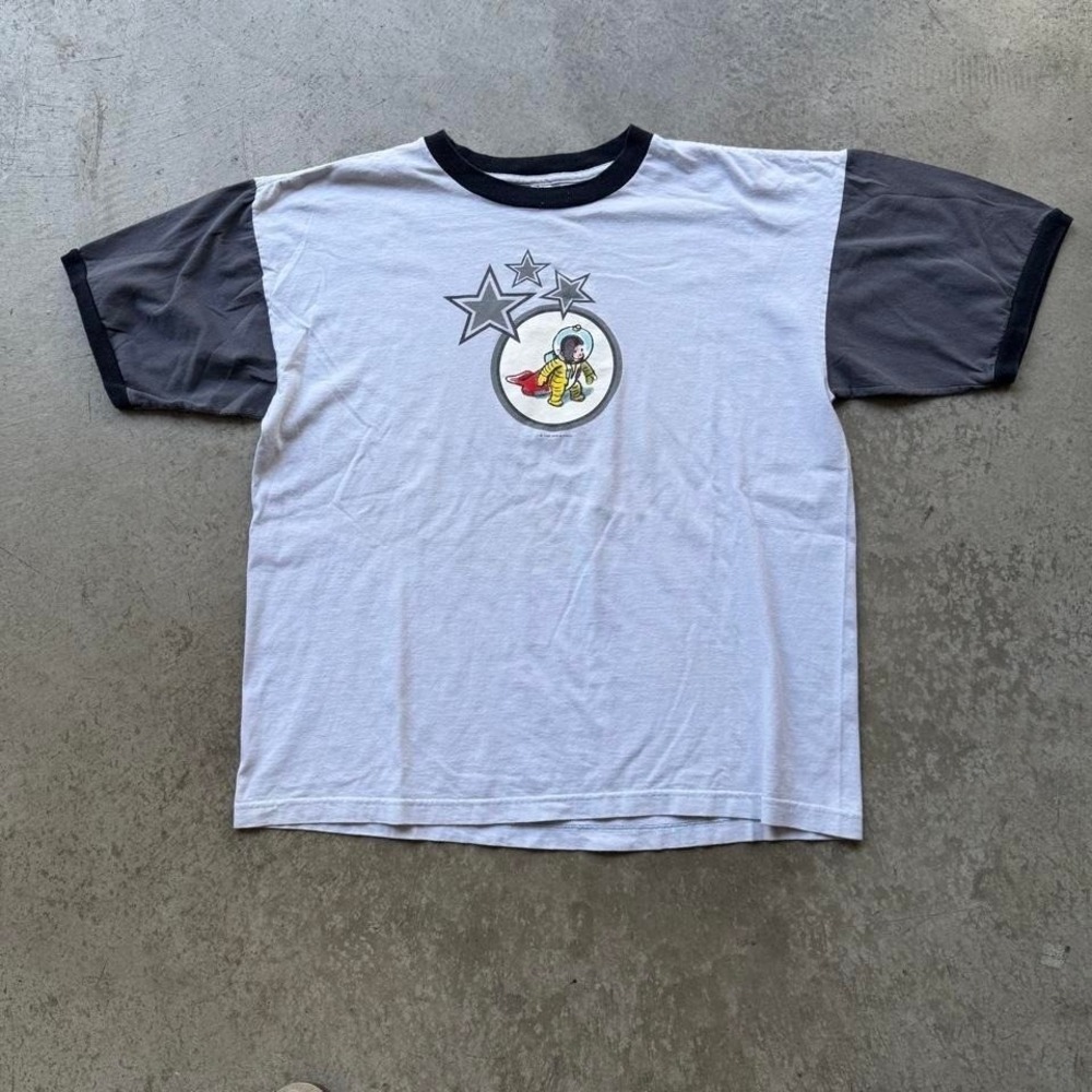 VTG 1996 Curious George Astronaut Two Tone Shirt Cartoon Promo Made in the USA